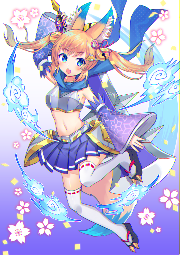 1girl animal_ears arm_up armor armpits bell blonde_hair blue_eyes blue_scarf blue_skirt breastplate commentary_request detached_sleeves fang fox_ears fox_tail hair_ornament hairclip jingle_bell jumping kemomimi_oukoku_kokuei_housou legs_up long_hair midriff mikoko_(kemomimi_oukoku_kokuei_housou) navel open_mouth ribbon sandals scarf skirt solo sword tail thigh-highs twintails weapon white_legwear