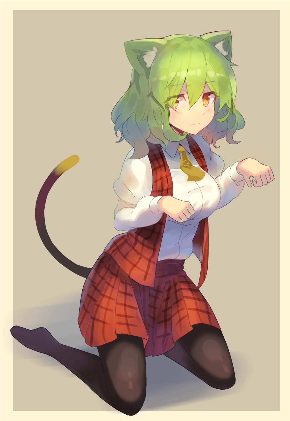 1girl alternate_eye_color animal_ears ascot beige_background beige_border black_legwear blush breasts cat_ears cat_tail commentary_request eyebrows_visible_through_hair eyes_visible_through_hair full_body green_hair hair_between_eyes highres juliet_sleeves kazami_yuuka kemonomimi_mode kneeling long_sleeves looking_at_viewer medium_breasts no_shoes orange_eyes pantyhose paw_pose plaid plaid_skirt plaid_vest puffy_sleeves red_skirt red_vest rin_falcon shadow shirt short_hair simple_background sitting skirt solo tail touhou vest white_shirt wing_collar yellow_neckwear