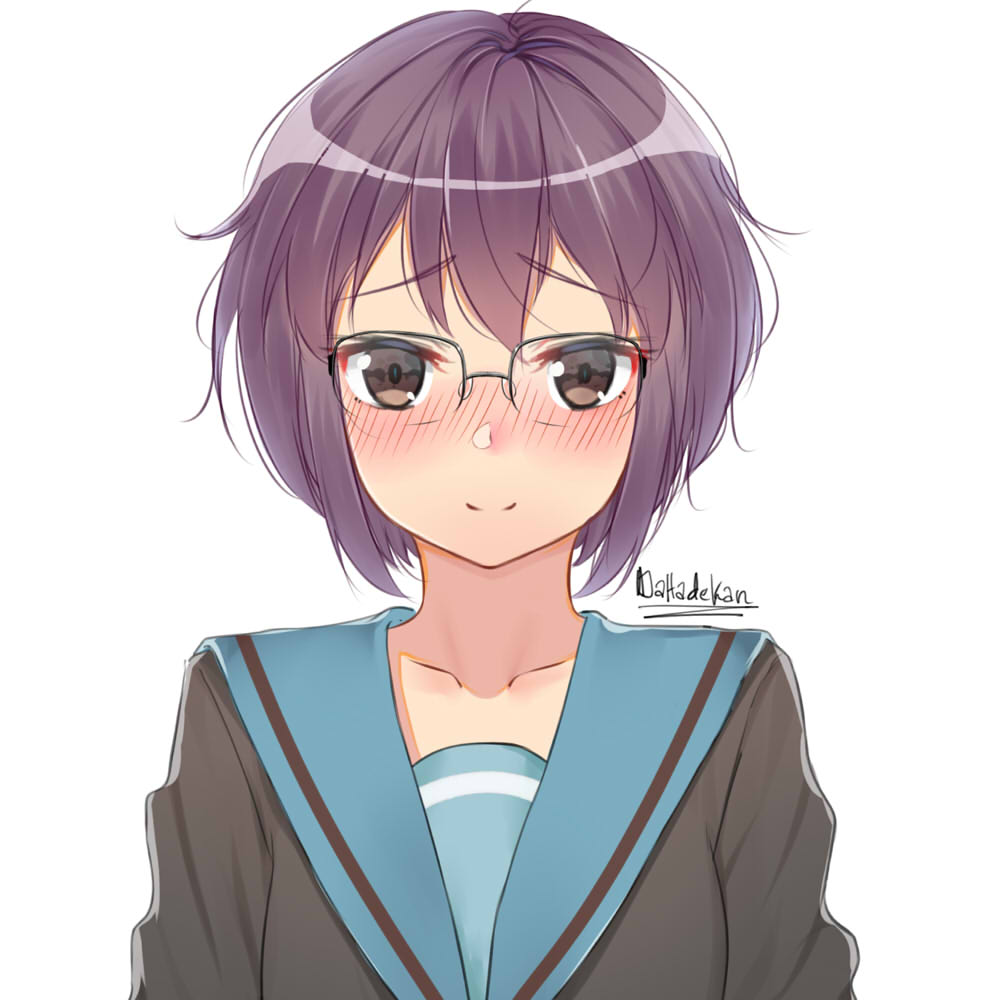 1girl artist_name blush brown_eyes closed_mouth collarbone cute dahadekan eyebrows_visible_through_hair glasses kadokawa_shoten kuudere kyoto_animation looking_at_viewer nagato_yuki nagato_yuki-chan_no_shoushitsu purple_hair short_hair signature smile solo suzumiya_haruhi_no_yuuutsu upper_body