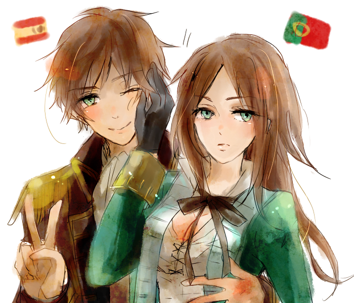 1boy 1girl axis_powers_hetalia black_gloves blush breasts brown_hair flag genderswap genderswap_(mtf) gloves green_eyes hand_on_another's_face ilohasvio long_hair looking_at_viewer one_eye_closed portugal_(hetalia) ribbon_trim short_hair simple_background smile spain_(hetalia) v white_background