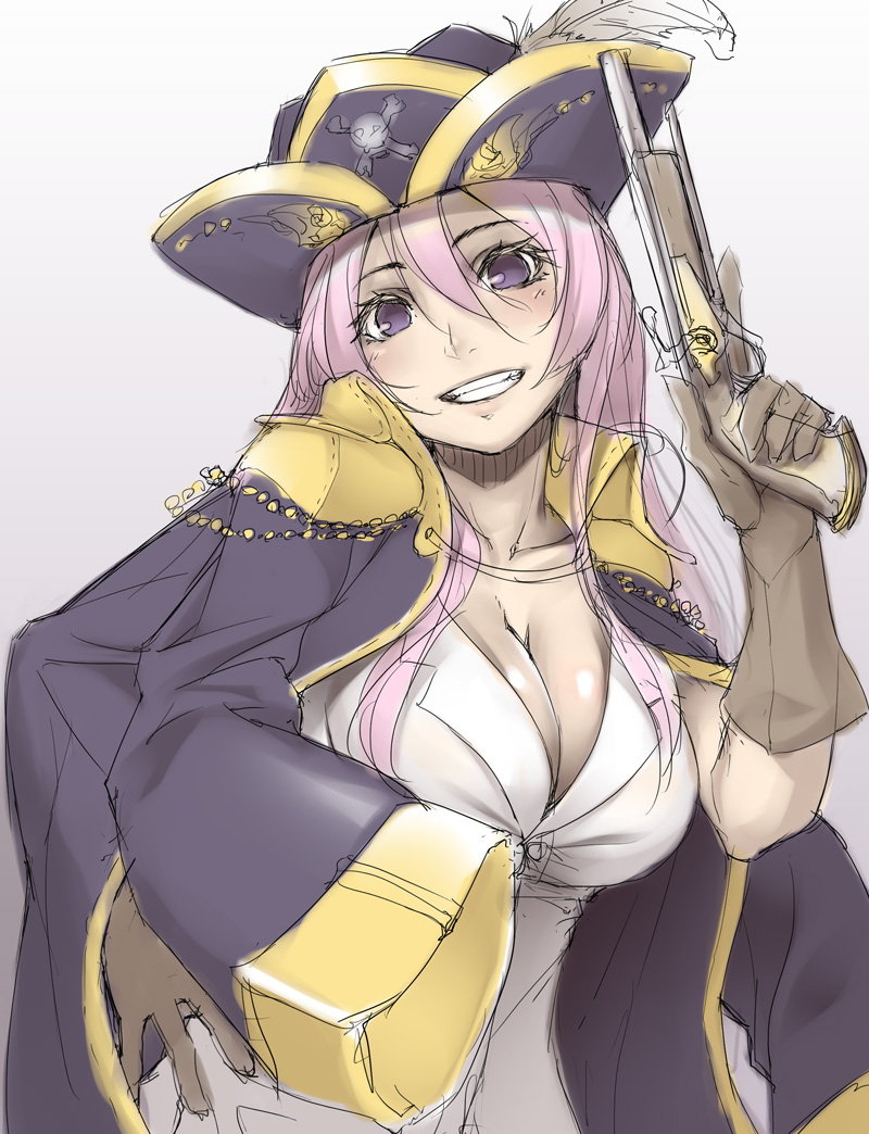 1girl antique_firearm bangs blouse breasts cleavage collared_jacket copyright_request firearm firelock flintlock gloves grin gun hand_on_hip hat hat_feather jacket_on_shoulders leather leather_gloves looking_at_viewer pink_hair pirate_hat sketch skull_and_crossbones smile solo trigger_discipline upper_body violet_eyes weapon white_blouse yuru