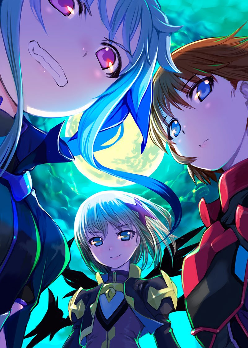 3girls aqua_eyes armor bangs black_hair black_wings blue_eyes blue_hair brown_hair clouds cropped_jacket eyebrows_visible_through_hair frown full_moon gradient_hair grin hair_between_eyes hair_ornament hair_ribbon high_collar jacket juliet_sleeves lips long_hair long_sleeves looking_at_viewer lyrical_nanoha mahou_shoujo_lyrical_nanoha mahou_shoujo_lyrical_nanoha_the_movie_3rd:_reflection material-d material-l material-s mikazuki_akira! moon multicolored_hair multiple_girls multiple_wings night pink_eyes puffy_sleeves ribbon short_hair sidelocks silver_hair sky smile upper_body wings x_hair_ornament