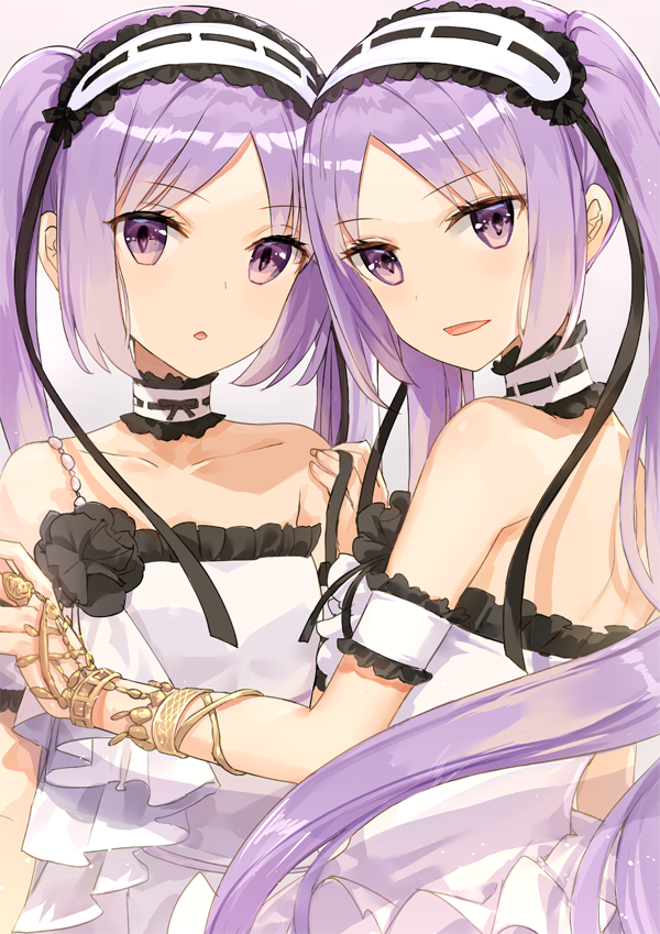 2girls :o armband armlet back bangs bare_arms bare_shoulders black_bow black_flower black_ribbon black_rose bow breasts chestnut_mouth choker collarbone cowboy_shot dress euryale eyebrows_visible_through_hair eyelashes fate/grand_order fate/hollow_ataraxia fate_(series) floating_hair flower forehead frilled_armband frilled_choker frilled_dress frilled_hairband frills fuumi_(radial_engine) gold grey_background hair_ribbon hairband hand_on_another's_arm head_tilt holding holding_strap jewelry light_smile lolita_fashion lolita_hairband long_hair looking_at_viewer looking_back multiple_girls parted_bangs pearl purple_hair ribbon rose shiny shiny_hair siblings sidelocks simple_background single_strap sisters sleeveless sleeveless_dress small_breasts spine standing stheno strapless strapless_dress twins twintails upper_body very_long_hair violet_eyes white_choker white_dress white_hairband