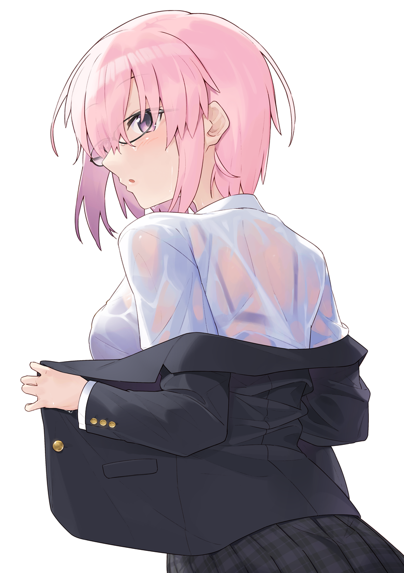 1girl bangs black-framed_eyewear black_blazer black_skirt blazer blush bra bra_through_clothes breasts collared_shirt commentary_request eyebrows_visible_through_hair fate/grand_order fate_(series) from_behind glasses hair_over_one_eye hayashi_kewi jacket long_sleeves looking_at_viewer looking_back mash_kyrielight medium_breasts off_shoulder parted_lips pink_hair plaid plaid_skirt pleated_skirt purple_bra see-through shirt simple_background skirt solo underwear violet_eyes wet wet_clothes wet_shirt white_background white_shirt