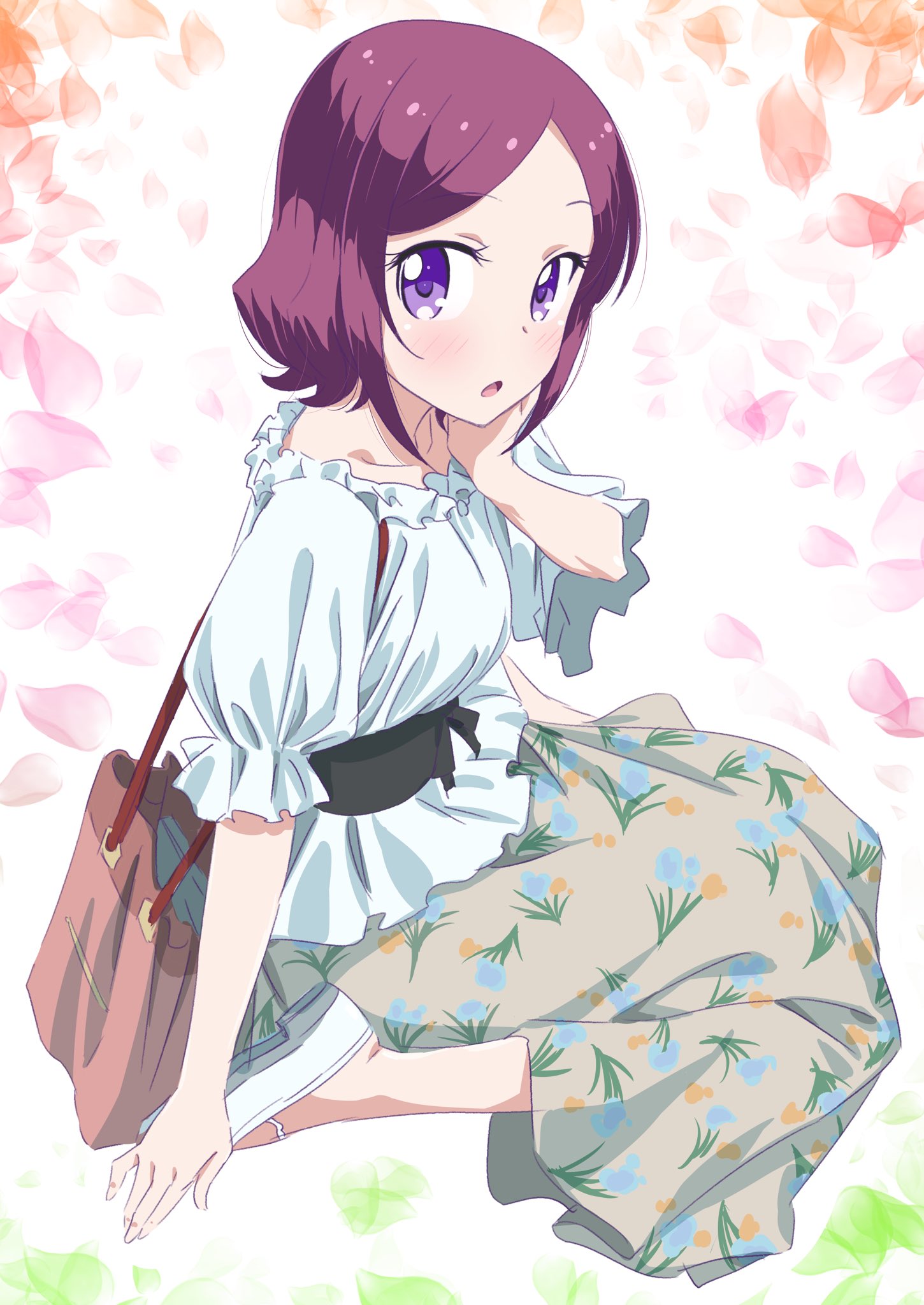 1girl brown_hair collarbone from_side full_body grey_skirt hand_on_own_cheek highres long_skirt looking_at_viewer new_game! open_mouth pink_x shirt short_hair sitting skirt solo tooyama_rin violet_eyes white_footwear white_shirt