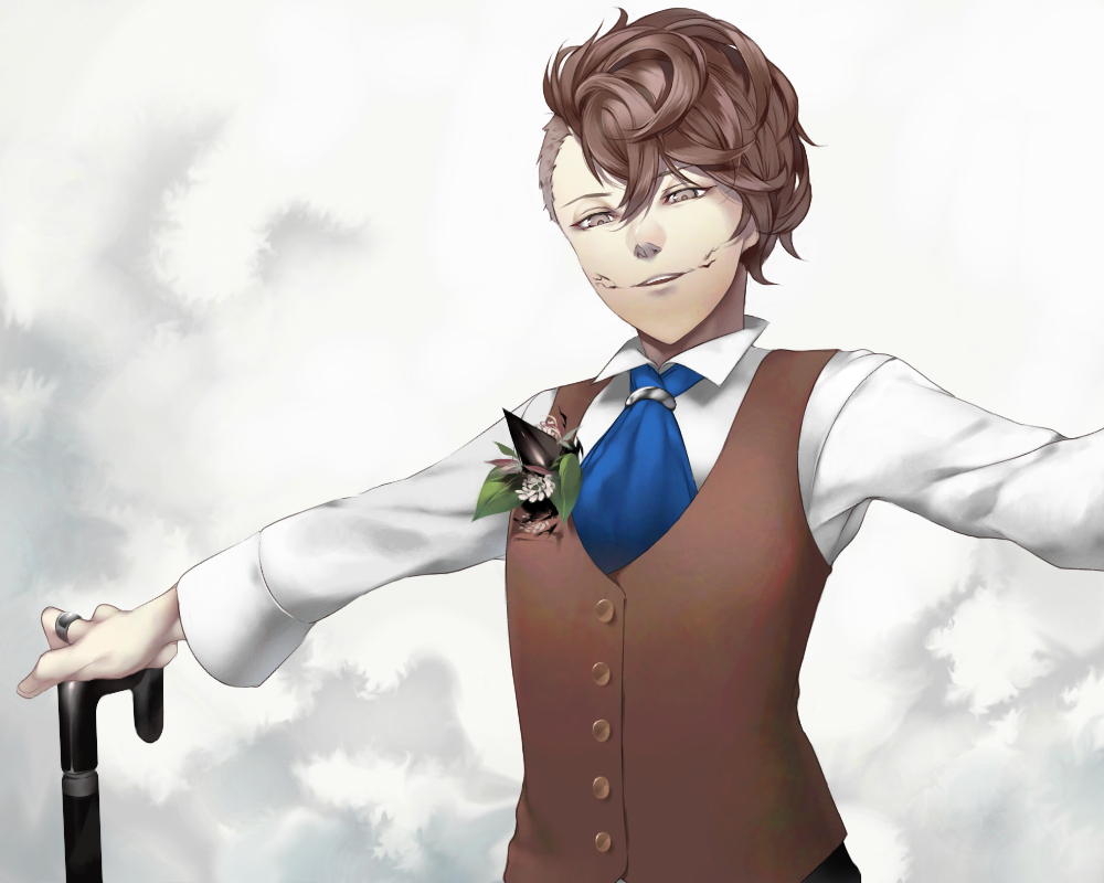 1boy asymmetrical_hair biwasaka_eiji brown_eyes brown_hair caligula_(game) cane cracked_skin flower haruno14 jewelry necktie outstretched_arms ring solo spread_arms vest