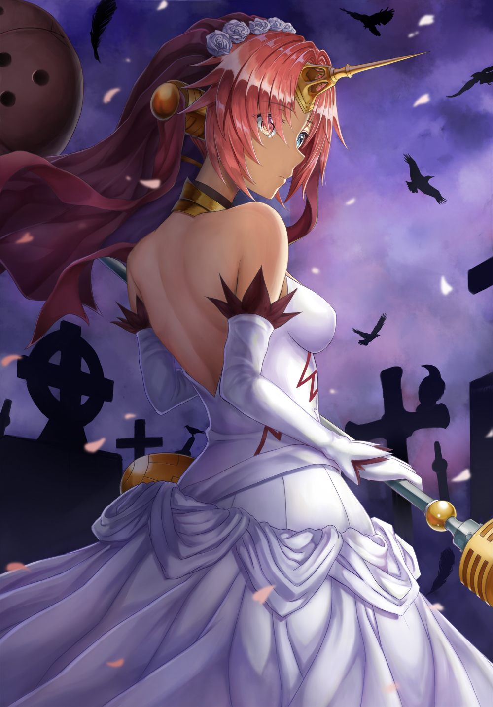 1girl blue_eyes dress elbow_gloves fate/apocrypha fate_(series) frankenstein's_monster_(fate) gloves graveyard heterochromia highres holding holding_weapon horn night outdoors pink_hair red_eyes short_hair sleeveless sleeveless_dress solo strapless strapless_dress tombstone weapon wedding_dress white_dress white_gloves