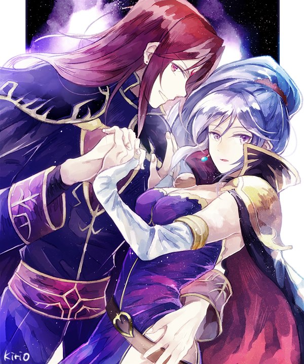 1boy 1girl alvis_(fire_emblem) breasts cape cleavage dress earrings elbow_gloves fire_emblem fire_emblem:_seisen_no_keifu fire_emblem_heroes gloves ishtar_(fire_emblem) jewelry long_hair looking_at_viewer ponytail red_eyes redhead side_ponytail silver_hair smile violet_eyes