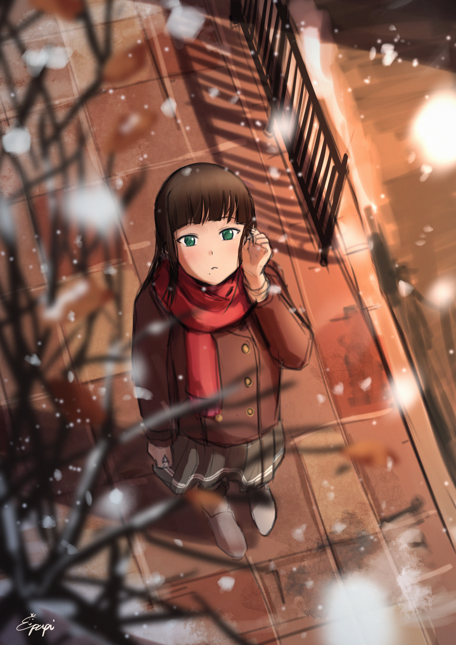 1girl aqua_eyes bangs black_hair blunt_bangs coat hand_in_hair highres kurosawa_dia long_hair looking_at_viewer looking_up love_live! love_live!_sunshine!! mole mole_under_mouth outdoors papi_(papiron100) pleated_skirt railing red_scarf scarf shoes sidelocks signature sketch skirt snow solo standing tree