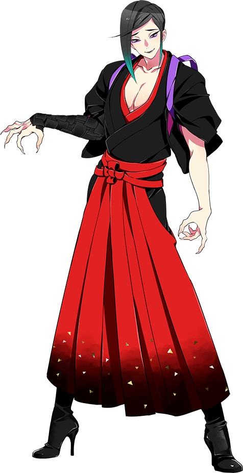 1boy black_hair eyeshadow fingernails full_body hakama high_heels japanese_clothes kinako_(marubotan) makeup male_focus official_art pectorals red_eyes sharp_fingernails shizukagata_naginata smile touken_ranbu transparent_background