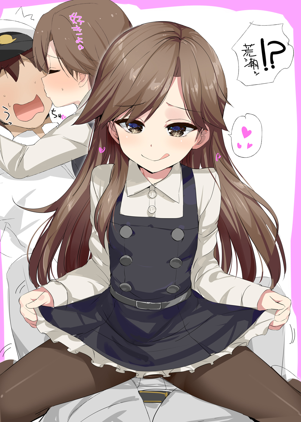 1boy 1girl :q admiral_(kantai_collection) arashio_(kantai_collection) assertive belt black_dress brown_eyes brown_hair brown_legwear cheek_kiss closed_eyes commentary_request dress faceless faceless_male frilled_dress frills highres kantai_collection kiss kusaka_souji long_hair long_sleeves multiple_views open_mouth pantyhose pinafore_dress pov profile remodel_(kantai_collection) school_uniform shirt straddling tongue tongue_out translation_request wavy_mouth white_shirt