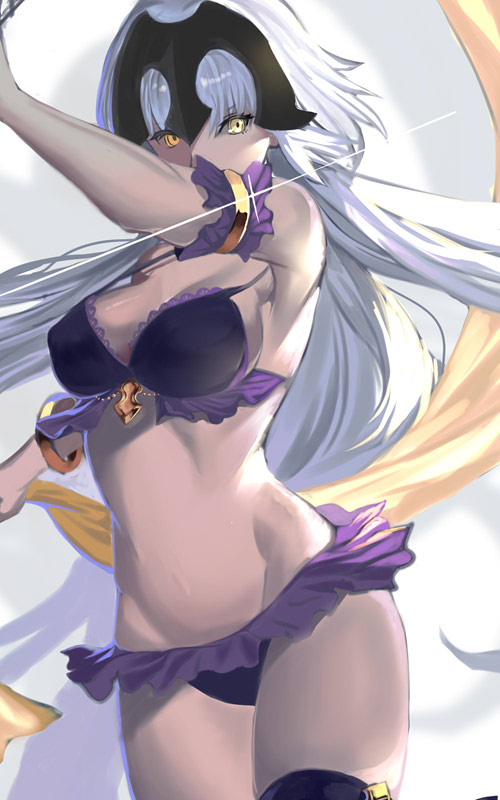 1girl arm_strap bikini black_bikini black_legwear bracelet breasts cleavage cowboy_shot fate/grand_order fate_(series) floating_hair frilled_bikini frills groin jeanne_d'arc_(alter)_(fate) jeanne_d'arc_(fate)_(all) jewelry large_breasts long_hair looking_at_viewer sideboob silver_hair solo sparkle standing swimsuit thigh-highs very_long_hair white_background yellow_eyes