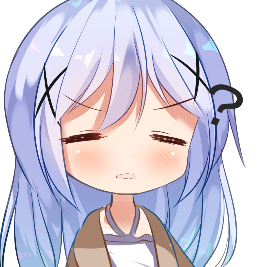 1girl =_= ? bangs blue_eyes blue_hair blush brown_jacket chinomaron closed_eyes dress eyebrows_visible_through_hair facing_viewer gochuumon_wa_usagi_desu_ka? hair_between_eyes hair_ornament halterneck jacket kafuu_chino long_hair parted_lips simple_background solo wavy_mouth white_background white_dress x_hair_ornament