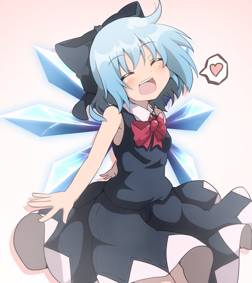 1girl \||/ ^_^ blue_bow blue_dress blue_hair blush bow cirno closed_eyes cowboy_shot do_(4-rt) dress eyebrows_visible_through_hair fairy gradient gradient_background hair_between_eyes hair_bow happy heart highres ice ice_wings open_mouth outstretched_arms sleeveless sleeveless_dress smile solo speech_bubble touhou wing_collar wings