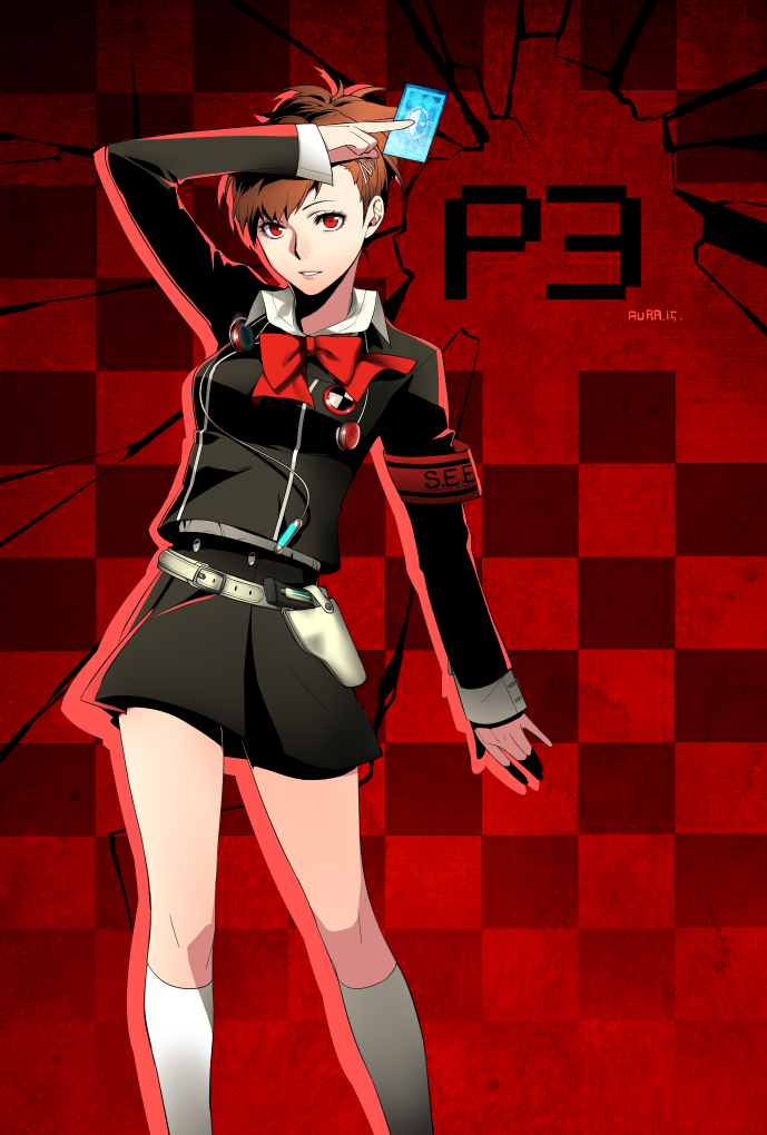 1girl arm_up atlus aura_(ion) black_skirt bow bowtie brown_hair card checkered checkered_background copyright_name female_protagonist_(persona_3) holding holding_card kneehighs looking_at_viewer megami_tensei miniskirt parted_lips persona persona_3 red_background red_bow red_eyes red_neckwear shiomi_kotone short_hair skirt smile solo standing tied_hair white_legwear