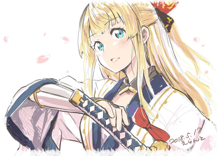 1girl blonde_hair blue_eyes bow cherry_blossoms dated errant granblue_fantasy hand_on_hilt japanese_clothes katana looking_at_viewer mirin_(granblue_fantasy) signature sketch sword weapon