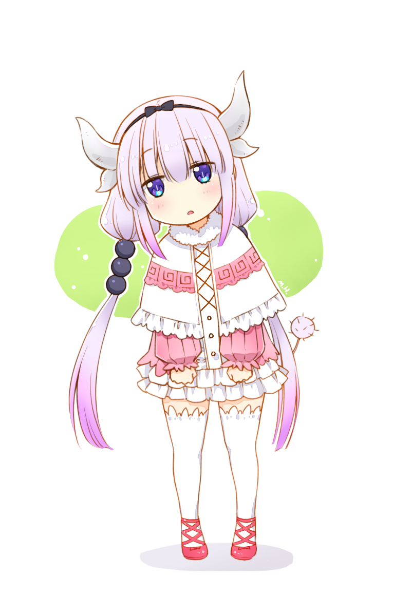 1girl beads blue_eyes dress full_body hair_beads hair_ornament hairband highres horns kanna_kamui kobayashi-san_chi_no_maidragon kurakkaa_(kurakadesu) lavender_hair long_hair low_twintails open_mouth ribbon shoes short_dress solo tail thigh-highs twintails white_legwear