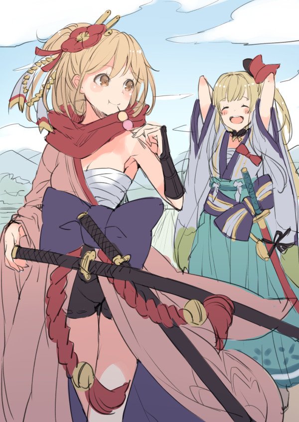 2girls bike_shorts blonde_hair dango djeeta_(granblue_fantasy) flower food granblue_fantasy hair_flower hair_ornament hakama japanese_clothes katana kengou_(granblue_fantasy) kimono mirin_(granblue_fantasy) multiple_girls sarashi scarf sketch sword wagashi weapon yumekui