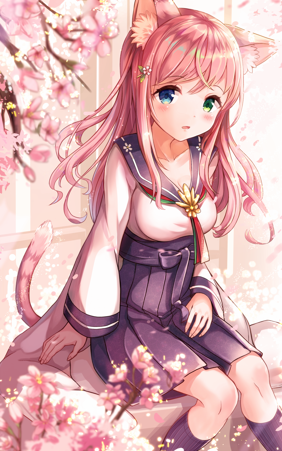 1girl animal_ears blue_eyes blue_hakama blue_legwear blue_sailor_collar blurry blurry_foreground blush breasts cat_ears cat_tail collarbone commentary_request day depth_of_field fingernails flower green_eyes hair_flower hair_ornament hairpin hakama heterochromia highres japanese_clothes kneehighs long_hair long_sleeves looking_at_viewer medium_breasts original outdoors parted_lips pink_flower pink_hair sailor_collar sakura_ani school_uniform serafuku shirt sitting solo tail very_long_hair white_shirt