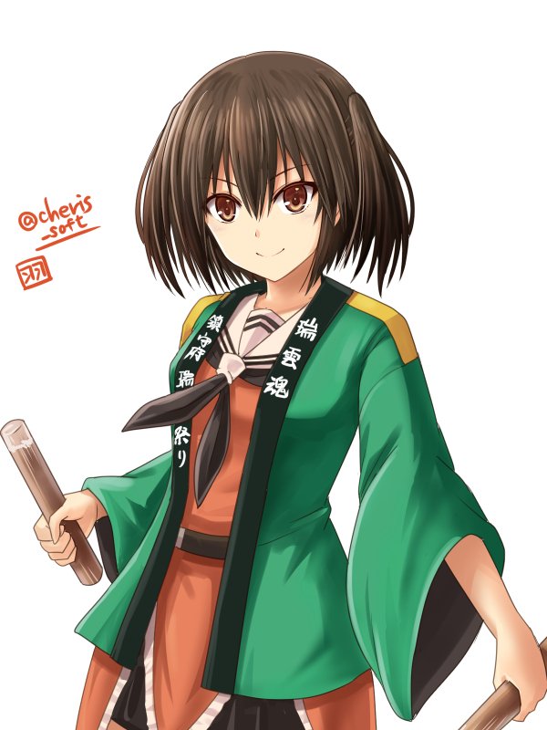 1girl artist_logo black_neckwear brown_eyes brown_hair clothes_writing cowboy_shot happi haura_akitoshi japanese_clothes kantai_collection neckerchief orange_serafuku sailor_collar school_uniform sendai_(kantai_collection) serafuku simple_background smile solo standing stick twitter_username two_side_up white_background white_sailor_collar