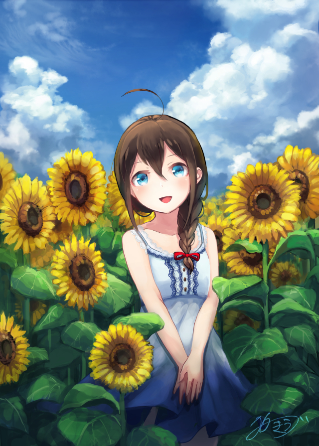 1girl ahoge braid brown_hair clouds cloudy_sky collarbone day dress flower hair_ribbon kantai_collection kiuzu_(ko_kiu2) looking_at_viewer medium_hair outdoors red_ribbon ribbon shigure_(kantai_collection) signature sky solo sunflower white_dress