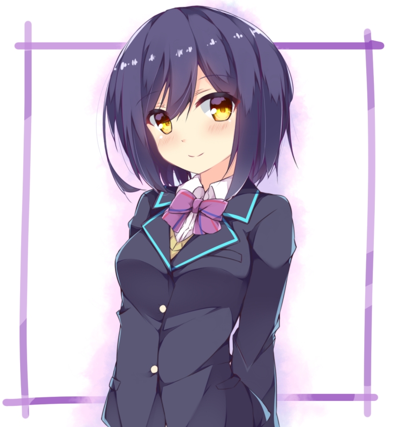 1girl bangs black_blazer black_hair blazer blush bow bowtie breasts brown_eyes closed_mouth collared_shirt commentary_request eyebrows_visible_through_hair fuuna hair_between_eyes head_tilt jacket long_hair looking_at_viewer medium_breasts nijisanji purple_neckwear school_uniform shirt shizuka_rin short_hair solo striped_neckwear upper_body virtual_youtuber white_shirt