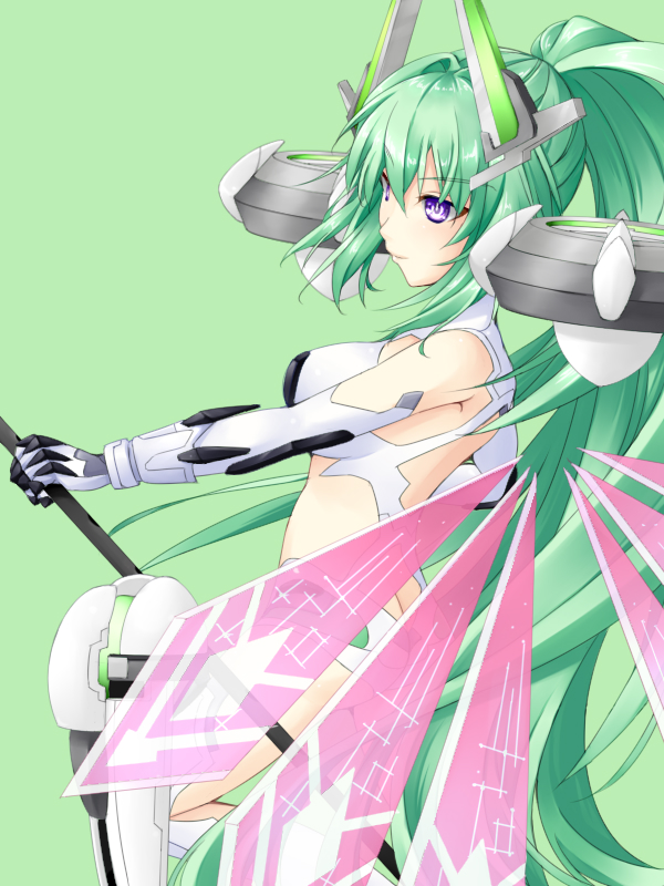 1girl ass bangs bare_shoulders breasts butt_crack choujigen_game_neptune closed_mouth detached_wings elbow_gloves eyebrows eyebrows_visible_through_hair gloves green_hair green_heart grey_background hair_between_eyes hair_intakes headgear high_ponytail holding holding_spear holding_weapon joney large_breasts long_hair multiple_wings neptune_(series) pink_wings polearm power_symbol see-through simple_background smile solo spear symbol-shaped_pupils thigh-highs very_long_hair violet_eyes weapon white_gloves white_legwear wings