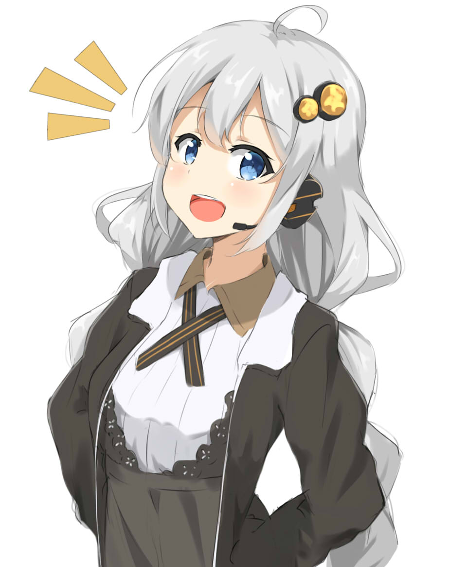 1girl :d ahoge bangs black_dress black_jacket blue_eyes blush braid commentary_request dress eyebrows_visible_through_hair hair_between_eyes hair_ornament headset jacket kizuna_akari kohakope long_hair long_sleeves looking_at_viewer low_twintails open_clothes open_jacket open_mouth silver_hair simple_background smile solo twin_braids twintails upper_teeth very_long_hair voiceroid white_background