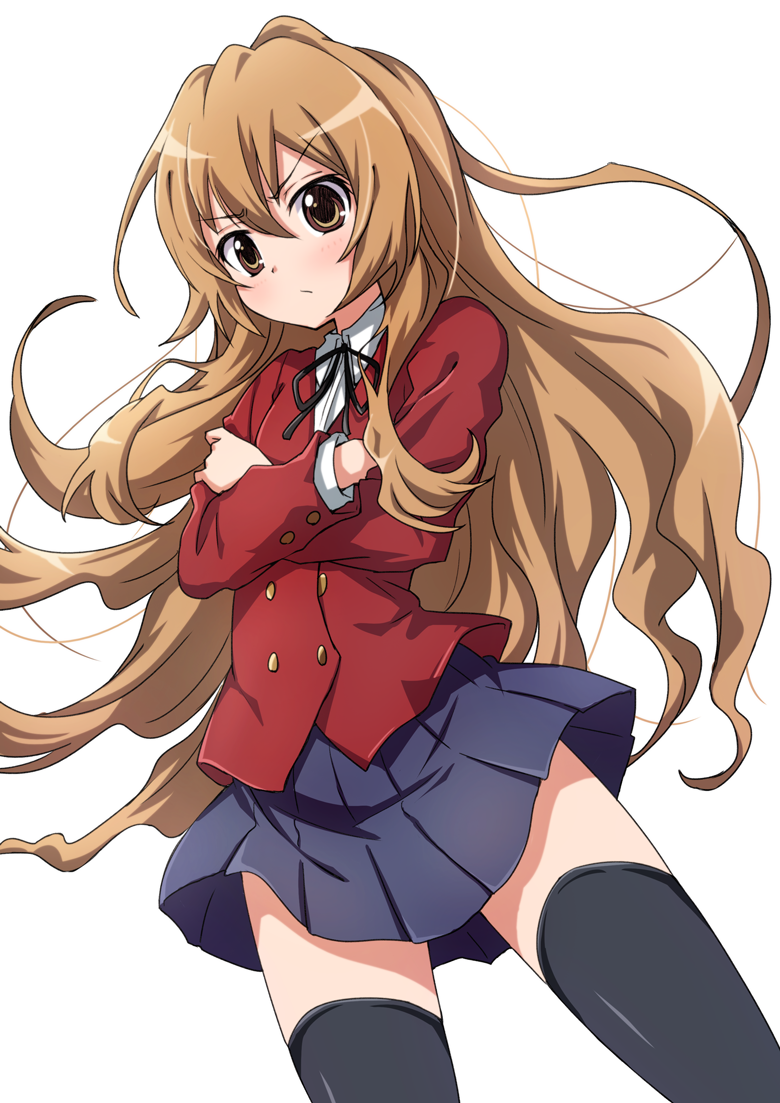 1girl aisaka_taiga bangs black_legwear black_ribbon blue_skirt brown_eyes brown_hair cowboy_shot crossed_arms dress_shirt eyebrows_visible_through_hair floating_hair hair_between_eyes long_hair matokechi miniskirt neck_ribbon pleated_skirt red_blazer ribbon school_uniform shiny shiny_clothes shirt simple_background skirt solo standing thigh-highs toradora! uniform very_long_hair white_background white_shirt zettai_ryouiki