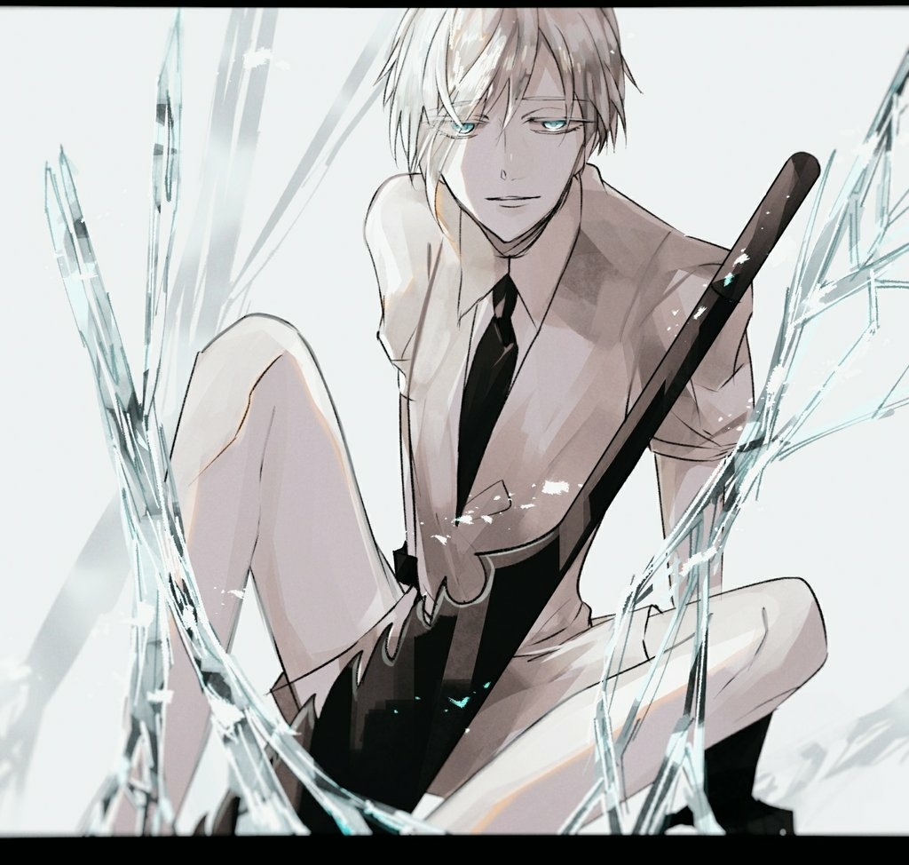 1other androgynous antarcticite blue_eyes colored_eyelashes eyes_visible_through_hair gem_uniform_(houseki_no_kuni) gloves houseki_no_kuni ice letterboxed looking_at_viewer necktie short_hair sitting solo sword weapon white_hair
