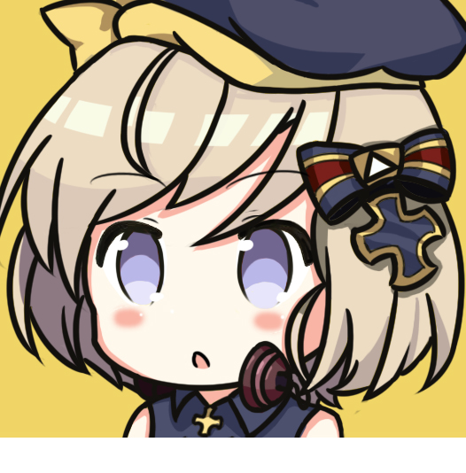 1girl :o azur_lane bangs bare_shoulders beret blue_bow blue_dress blue_hat blush bow collared_dress commentary_request dress eyebrows_visible_through_hair hair_between_eyes hair_bow hat hat_bow iron_cross light_brown_hair looking_at_viewer nagato-chan parted_lips short_hair simple_background sleeveless sleeveless_dress solo striped striped_bow violet_eyes yellow_background yellow_bow z23_(azur_lane)