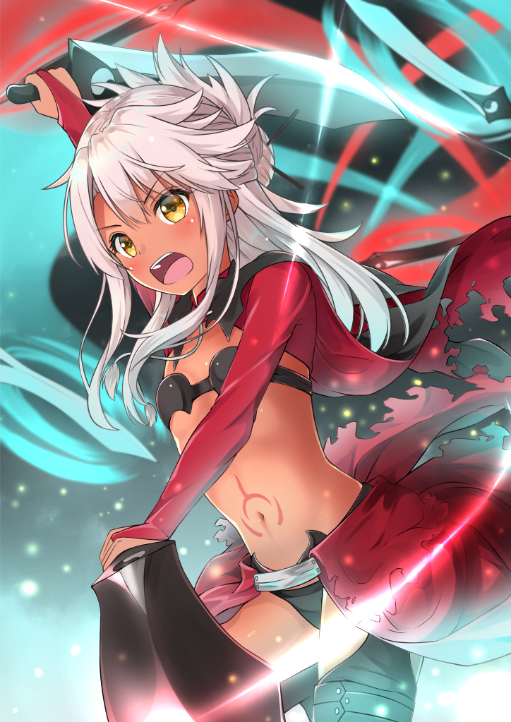 1girl arm_up bangs black_cape black_legwear black_panties blush breasts bridal_gauntlets brown_eyes cape chloe_von_einzbern commentary_request dark_skin dual_wielding eyebrows_visible_through_hair fate/kaleid_liner_prisma_illya fate_(series) glowing hair_between_eyes hair_bun holding holding_sword holding_weapon long_hair looking_away miko_fly multicolored multicolored_cape multicolored_clothes navel open_mouth panties red_cape silver_hair small_breasts solo stomach_tattoo sword tattoo thigh-highs underwear weapon