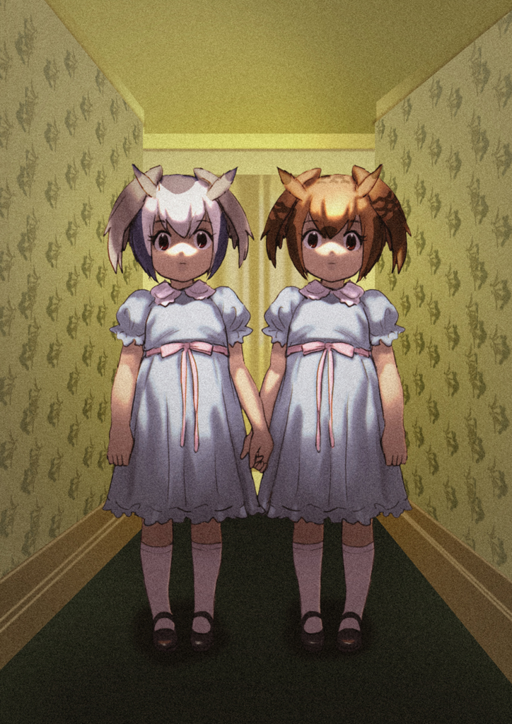 2girls black_footwear blue_dress brown_eyes brown_hair closed_mouth collared_dress dress eurasian_eagle_owl_(kemono_friends) grey_hair hallway hand_holding head_wings indoors kemono_friends looking_at_viewer multicolored_hair multiple_girls northern_white-faced_owl_(kemono_friends) parody pink_ribbon puffy_short_sleeves puffy_sleeves ribbon roonhee sash shaded_face shoes short_hair short_sleeves siblings socks the_shining twins two-tone_hair white_legwear