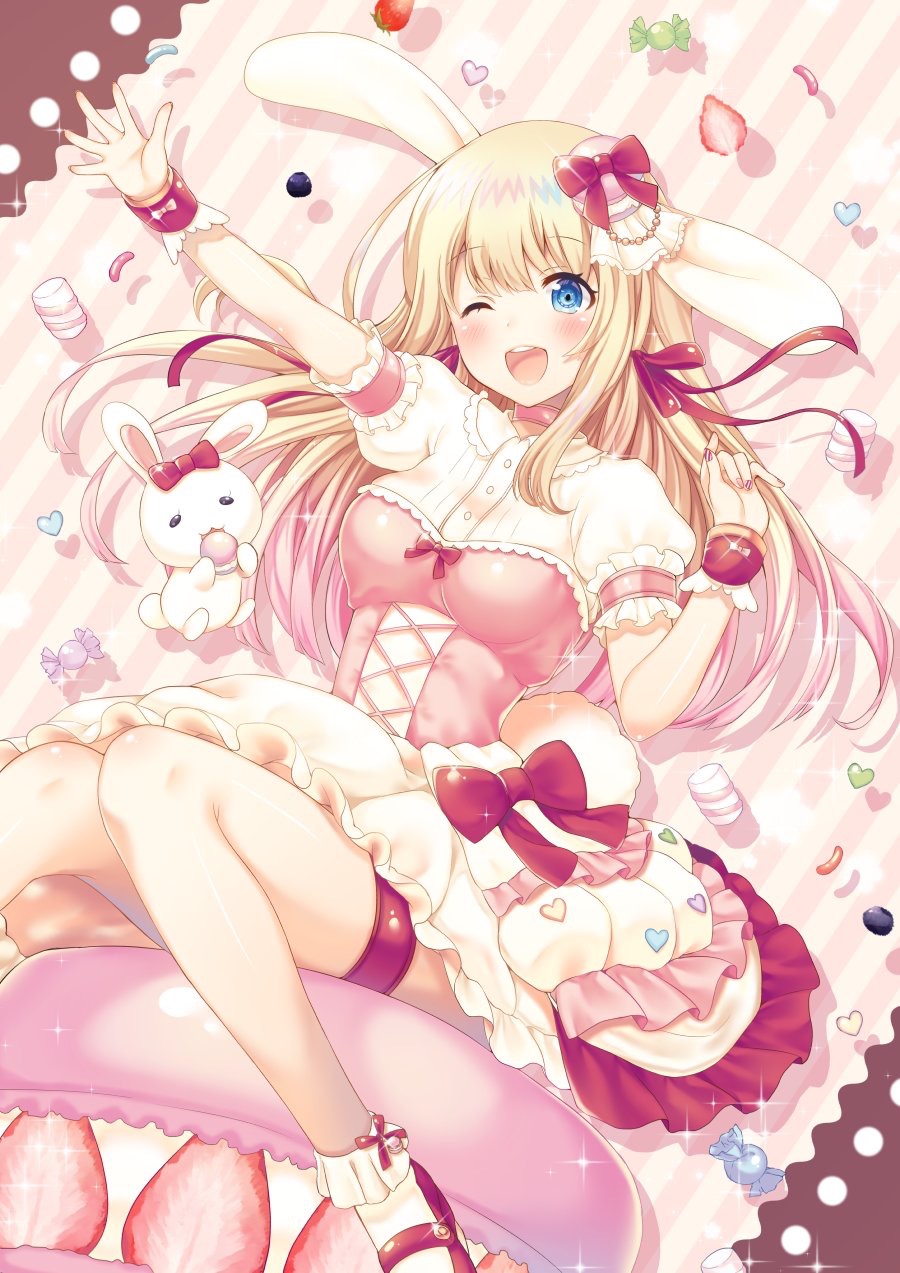 1girl ;d animal_ears blonde_hair blue_eyes blush bow breasts candy candy_wrapper commentary_request diagonal-striped_background diagonal_stripes dutch_angle fingernails food frilled_skirt frills fruit hair_bow heart highres ichigo_seika jelly_bean long_hair looking_at_viewer macaron marshmallow medium_breasts nail_art one_eye_closed open_mouth original outstretched_arm puffy_short_sleeves puffy_sleeves rabbit_ears red_bow shirt short_sleeves sitting skirt smile solo strawberry striped striped_background upper_teeth very_long_hair white_shirt white_skirt wrist_cuffs