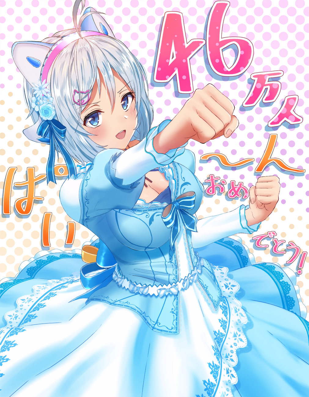 1girl :d animal_ears antenna_hair bangs blue_bow blue_dress blue_eyes blue_flower blue_rose blush bow breasts cat_ears cleavage clenched_hands commentary_request dennou_shoujo_youtuber_shiro dress eyebrows_visible_through_hair fake_animal_ears fingernails flower hair_between_eyes hair_flower hair_ornament highres long_sleeves looking_at_viewer medium_breasts mikomiko_(mikomikosu) open_mouth outstretched_arms polka_dot polka_dot_background puffy_short_sleeves puffy_sleeves rose shiro_(dennou_shoujo_youtuber_shiro) short_over_long_sleeves short_sleeves silver_hair smile solo translated upper_teeth v-shaped_eyebrows virtual_youtuber white_background