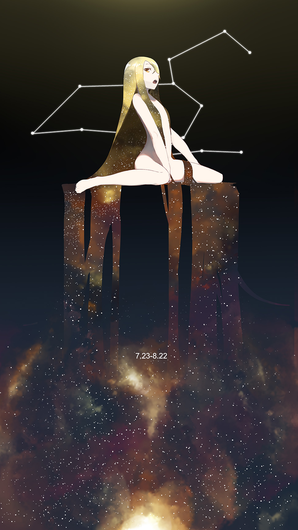 1girl absurdly_long_hair barefoot black_background blonde_hair brown_eyes constellation from_side gradient_hair highres leo long_hair looking_at_viewer multicolored_hair nude number open_mouth original solo uta_(xuyansong1996) very_long_hair