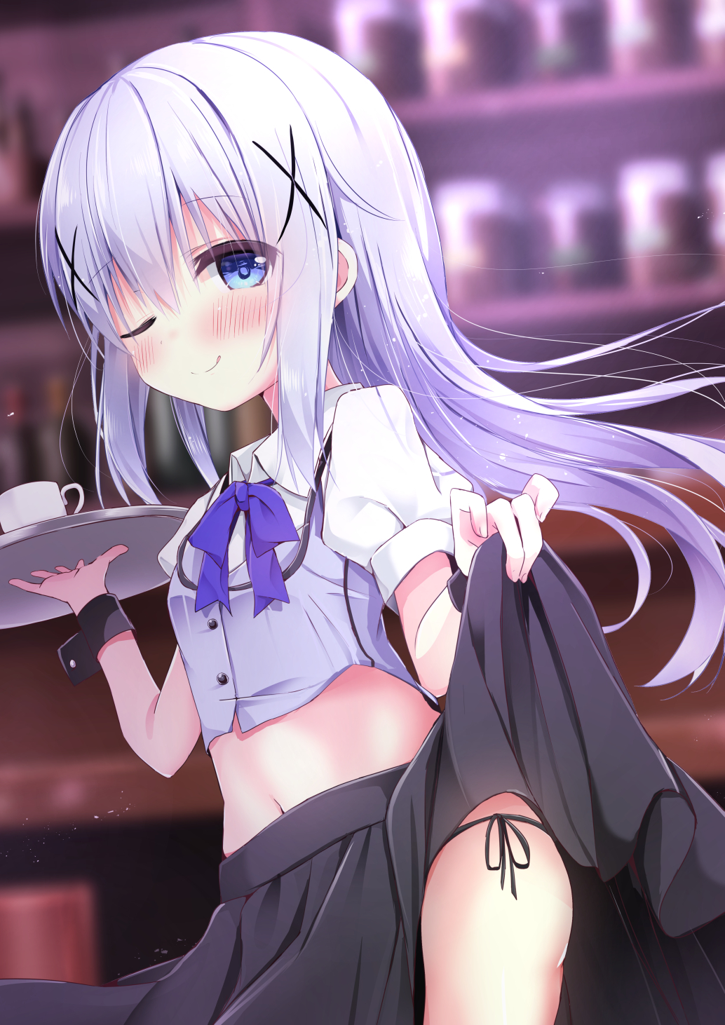 1girl ;q adapted_uniform bangs black_panties black_skirt blue_eyes blue_vest blurry blurry_background blush closed_mouth collared_shirt commentary_request cup depth_of_field dutch_angle eyebrows_visible_through_hair gochuumon_wa_usagi_desu_ka? hair_between_eyes hair_ornament highres holding holding_tray kafuu_chino kouda_suzu lifted_by_self long_hair looking_at_viewer looking_to_the_side midriff navel one_eye_closed panties puffy_short_sleeves puffy_sleeves purple_hair rabbit_house_uniform shirt short_sleeves side-tie_panties skirt skirt_lift smile solo teacup tongue tongue_out tray underwear very_long_hair vest white_shirt wrist_cuffs x_hair_ornament