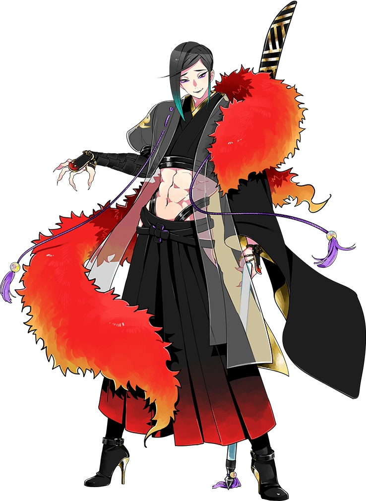 1boy abs black_hair crop_top eyeshadow feather_boa fingernails full_body hakama high_heels japanese_clothes kinako_(marubotan) makeup male_focus midriff naginata navel official_art polearm red_eyes sharp_fingernails shizukagata_naginata smile tassel touken_ranbu transparent_background weapon