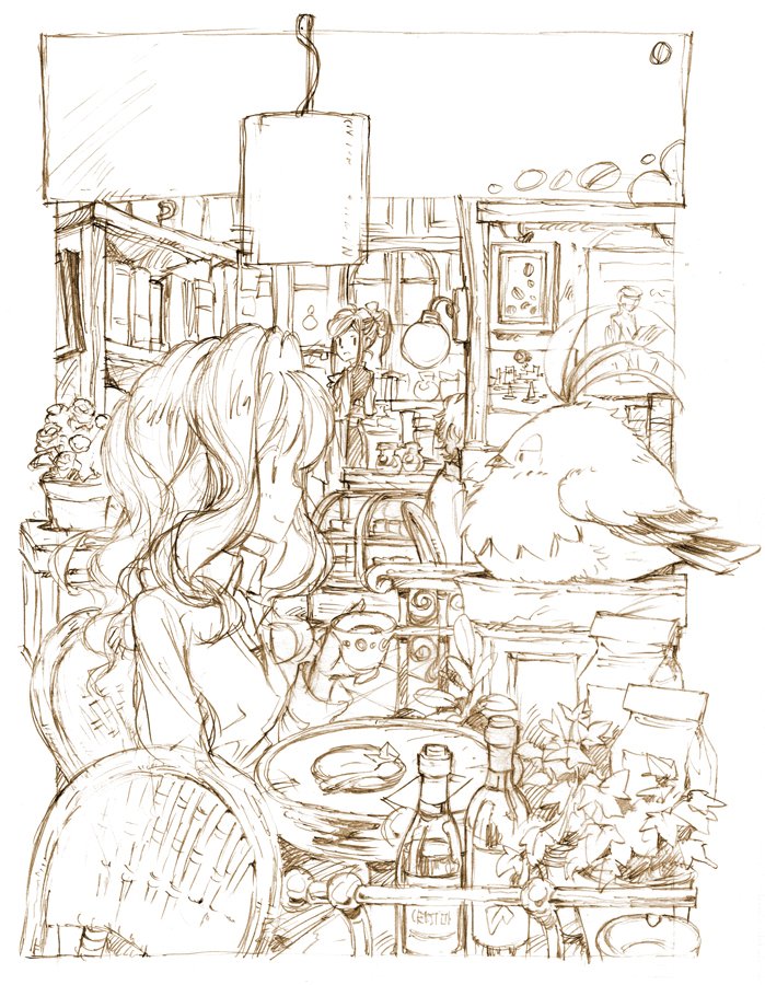 1boy 2girls bird bookshelf bottle brown chair cup eye_contact flower inside lamp looking_at_another matsuda_(matsukichi) medium_hair monochrome multiple_girls original plant ponytail potted_plant profile sitting sketch smile spoon standing teacup wicker_furniture