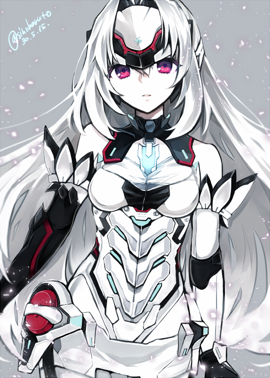 1girl android bare_shoulders blue_hair breasts elbow_gloves expressionless forehead_protector gloves kos-mos kos-mos_re: large_breasts leotard long_hair looking_at_viewer red_eyes shino_haruto solo standing thigh-highs very_long_hair white_leotard xenoblade_(series) xenoblade_2 xenosaga