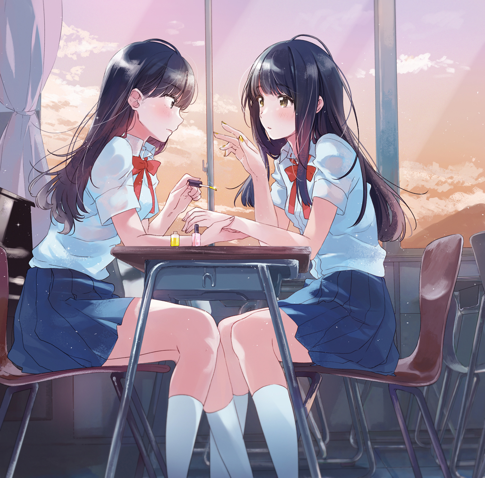 2girls bangs black_hair blush chair commentary_request desk evening fly_(marguerite) long_hair looking_at_another multiple_girls nail_polish nail_polish_bottle original painting_nails pleated_skirt school_desk school_uniform shirt short_sleeves sitting skirt white_shirt yellow_nails yuri