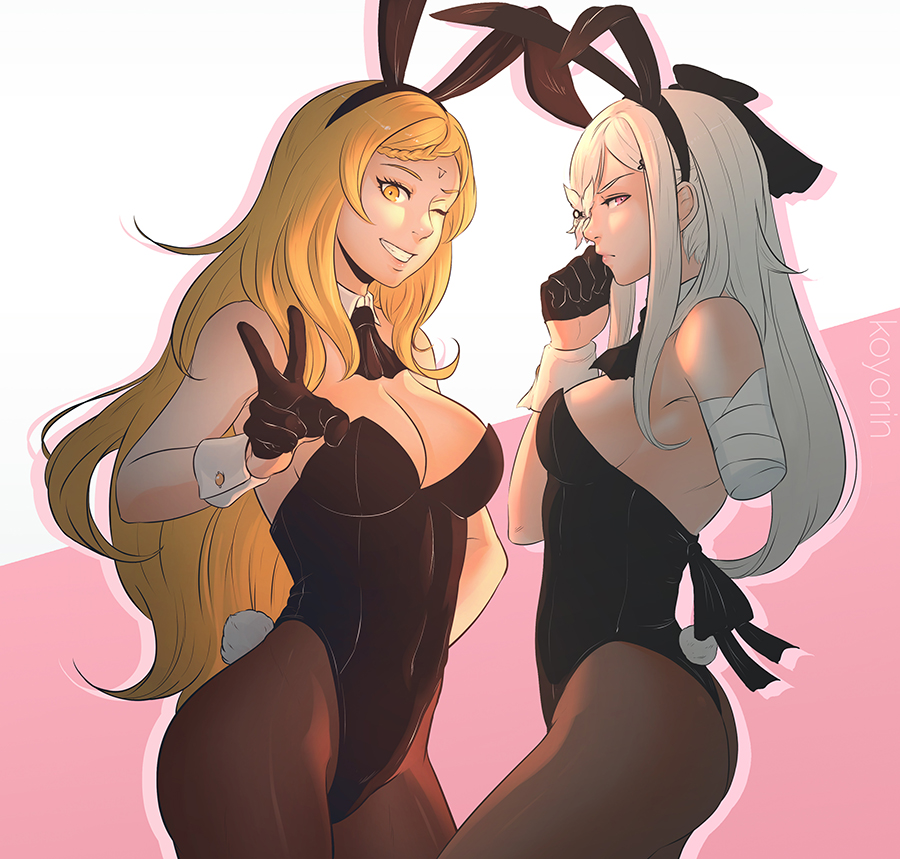 2girls amputee animal_ears ascot bandage bare_shoulders black_ascot black_gloves black_leotard blonde_hair bow bowtie breasts brown_legwear bunny_girl bunny_tail bunnysuit cleavage cowboy_shot detached_collar drag-on_dragoon drag-on_dragoon_3 five_(drag-on_dragoon) flower_eyepatch gloves koyorin leotard long_hair medium_breasts multiple_girls pantyhose pink_background rabbit_ears red_eyes single_glove strapless strapless_leotard tail two-tone_background white_background white_hair wrist_cuffs yellow_eyes zero_(drag-on_dragoon)