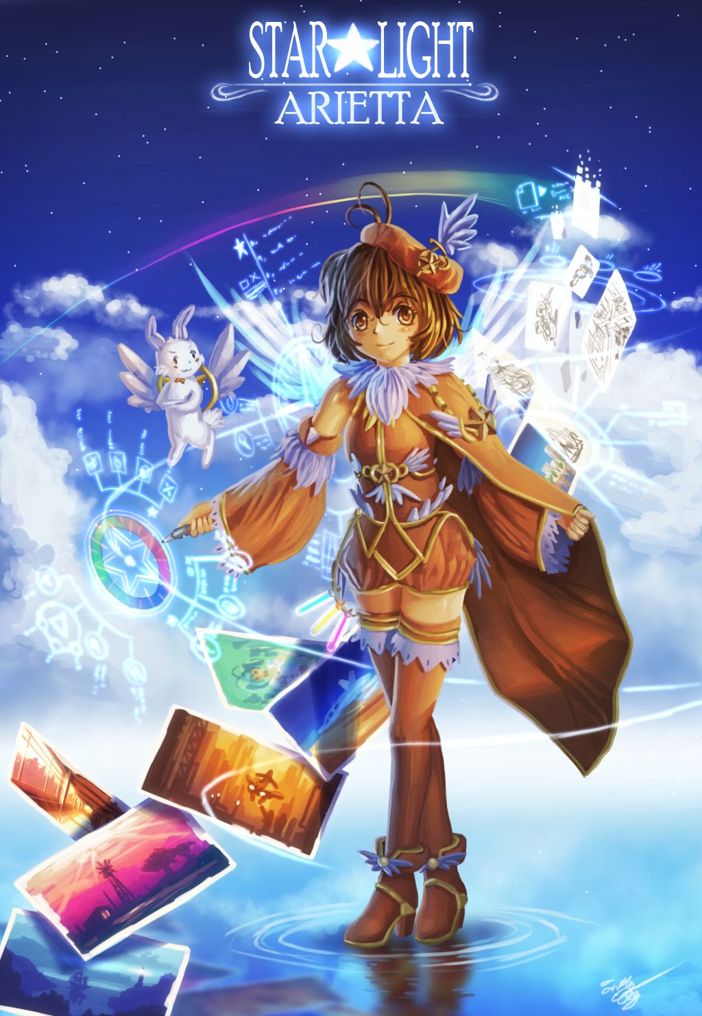 1girl ahoge blush boots brown_eyes brown_footwear brown_hair closed_mouth deviantartungdi-sea full_body high_heel_boots high_heels highres long_sleeves looking_at_viewer original short_hair signature smile solo thigh-highs thigh_boots