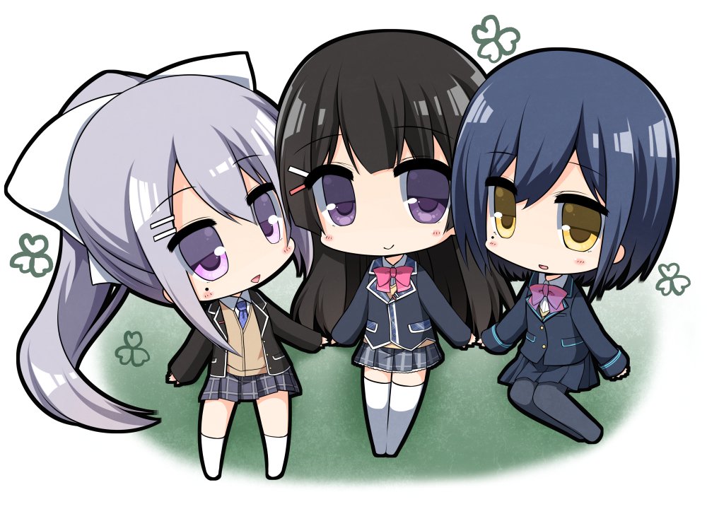 3girls :d bangs black_blazer black_hair black_legwear blazer blue_hair blush bow bowtie cardigan chibi closed_mouth collared_shirt commentary_request eyebrows_visible_through_hair grey_skirt hair_between_eyes hair_ornament hairclip high_ponytail higuchi_kaede jacket kneehighs long_hair long_sleeves mole mole_under_eye multiple_girls necktie nijisanji no_shoes open_blazer open_clothes open_jacket open_mouth pantyhose pink_neckwear plaid plaid_skirt pleated_skirt ponytail purple_neckwear shirasu_youichi shirt shizuka_rin sidelocks silver_hair sitting skirt sleeves_past_wrists smile thigh-highs tsukino_mito very_long_hair violet_eyes virtual_youtuber white_legwear white_shirt yellow_eyes