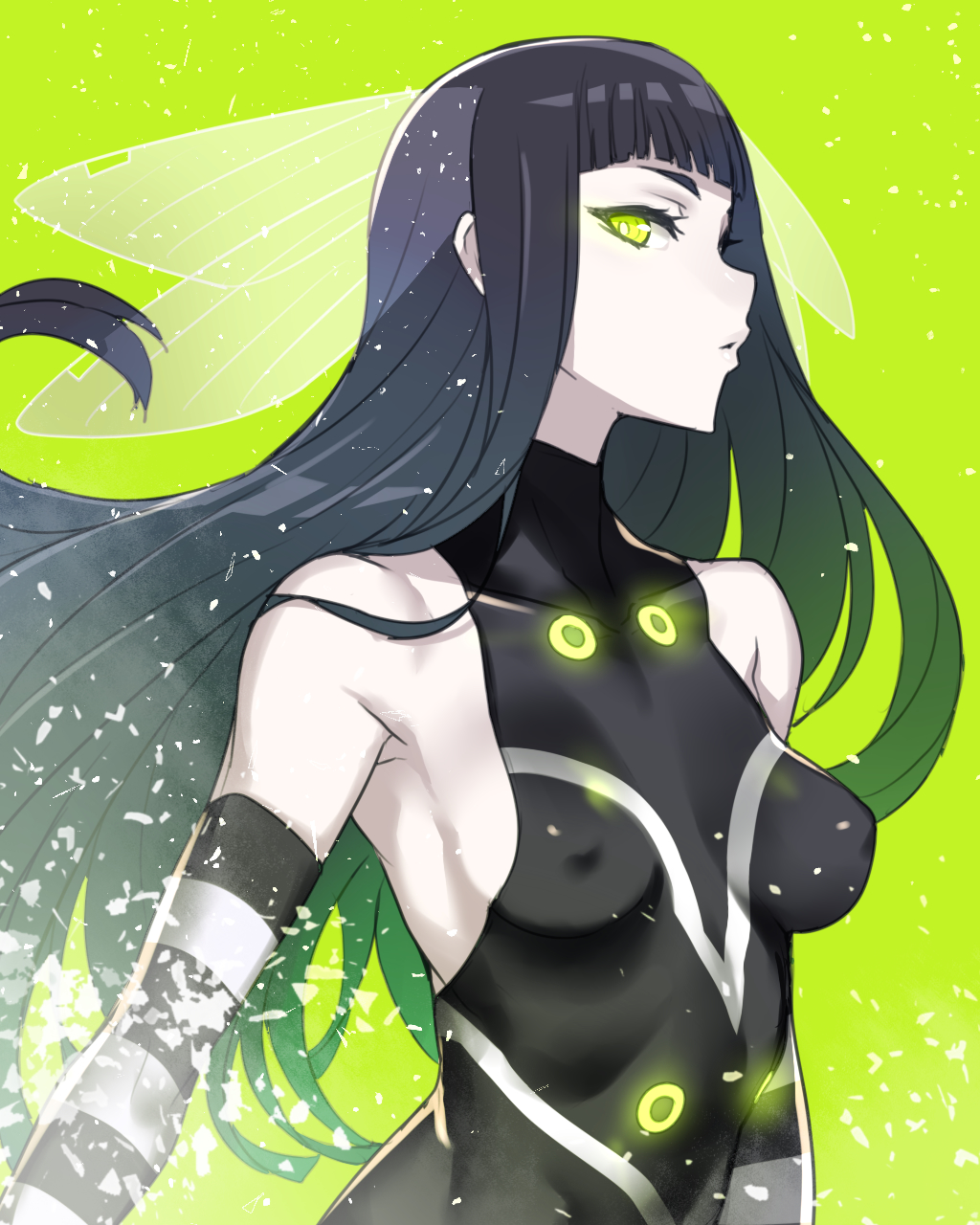 1girl ban bangs bare_shoulders black_hair blunt_bangs breasts covered_nipples green_eyes highres long_hair looking_at_viewer maggot_baits medium_breasts pale_skin sideboob skin_tight sleeveless solo wilma_the_witch