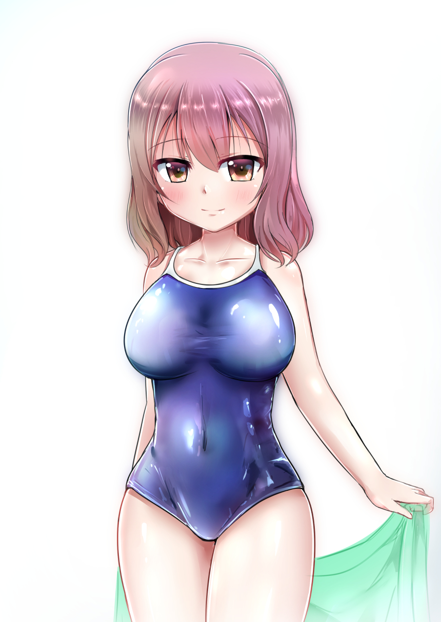 1girl breasts brown_eyes brown_hair competition_school_swimsuit competition_swimsuit graphite_(medium) highres kagitsume large_breasts mechanical_pencil one-piece_swimsuit original pencil school_swimsuit simple_background swimsuit towel traditional_media white_background