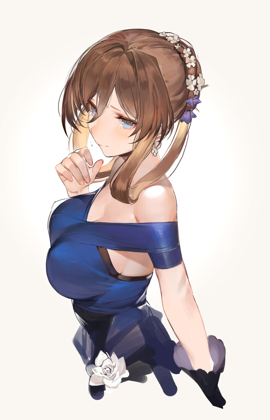 1girl alternate_costume bare_shoulders blue_dress breasts brown_hair cleavage closed_mouth commentary_request dress earrings flower girls_frontline green_eyes grey_background hair_between_eyes hair_flower hair_ornament hair_rings hand_up highres jewelry liduke looking_at_viewer m1903_springfield_(girls_frontline) off-shoulder_dress off_shoulder short_hair sidelocks solo teardrop tearing_up upper_body