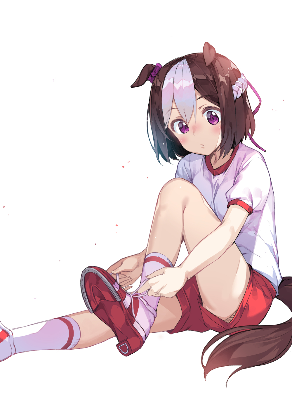 1girl animal_ears bangs bow braid brown_hair closed_mouth commentary_request eyebrows_visible_through_hair gym_shirt gym_shorts gym_uniform hair_between_eyes hair_bow hair_ribbon highres horse_ears horse_girl horse_tail multicolored_hair newey puffy_short_sleeves puffy_sleeves purple_bow purple_ribbon red_shorts ribbon shirt shoes short_shorts short_sleeves shorts sitting sneakers socks solo special_week streaked_hair tail tying_shoes umamusume violet_eyes white_background white_footwear white_hair white_legwear white_shirt