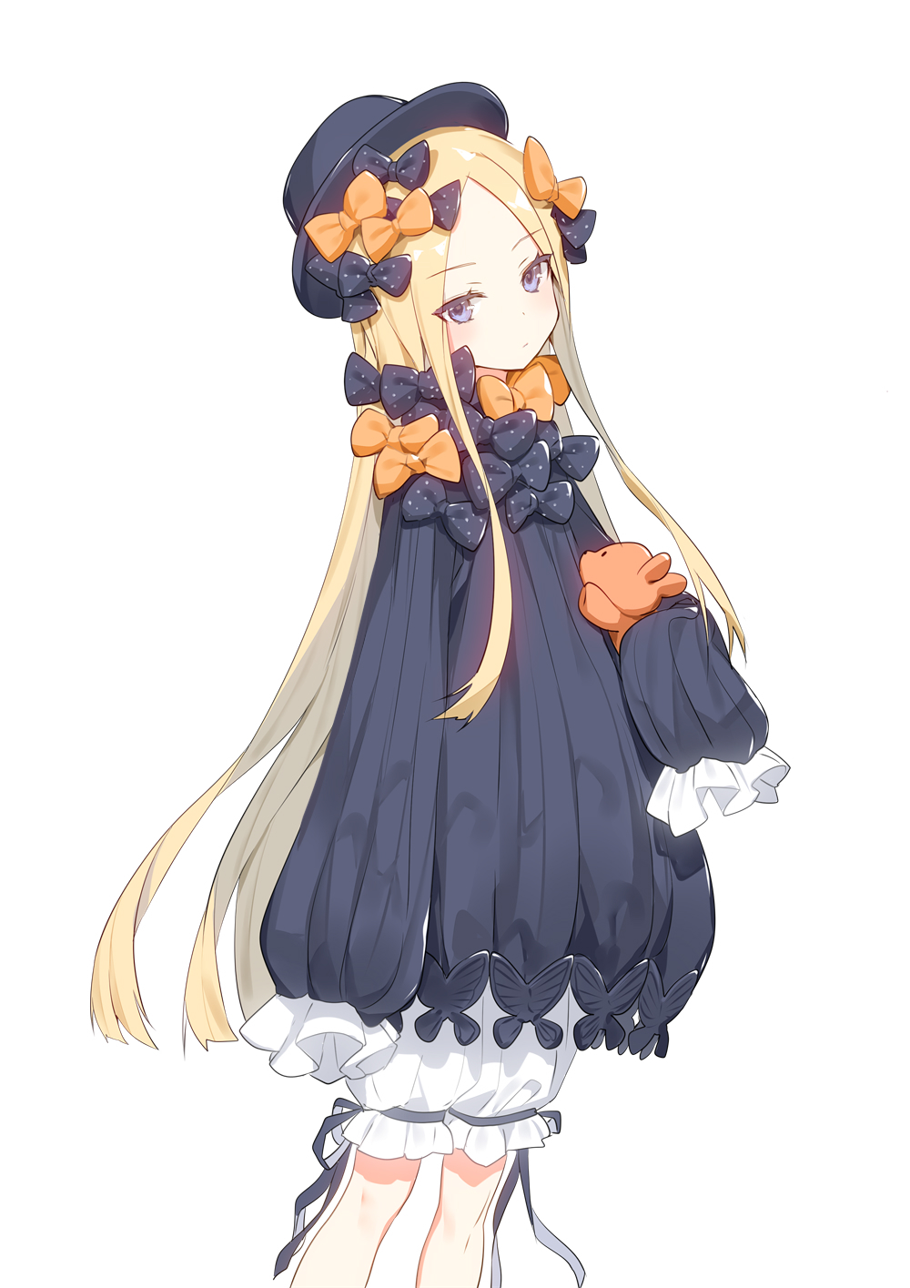 1girl abigail_williams_(fate/grand_order) bangs black_bow black_dress black_hat blonde_hair bloomers blue_eyes blush bow bug butterfly closed_mouth dress fate/grand_order fate_(series) feet_out_of_frame hair_bow hat head_tilt highres insect long_hair long_sleeves looking_at_viewer object_hug orange_bow parted_bangs polka_dot polka_dot_bow ronopu simple_background sleeves_past_fingers sleeves_past_wrists solo standing stuffed_animal stuffed_toy teddy_bear underwear very_long_hair white_background white_bloomers