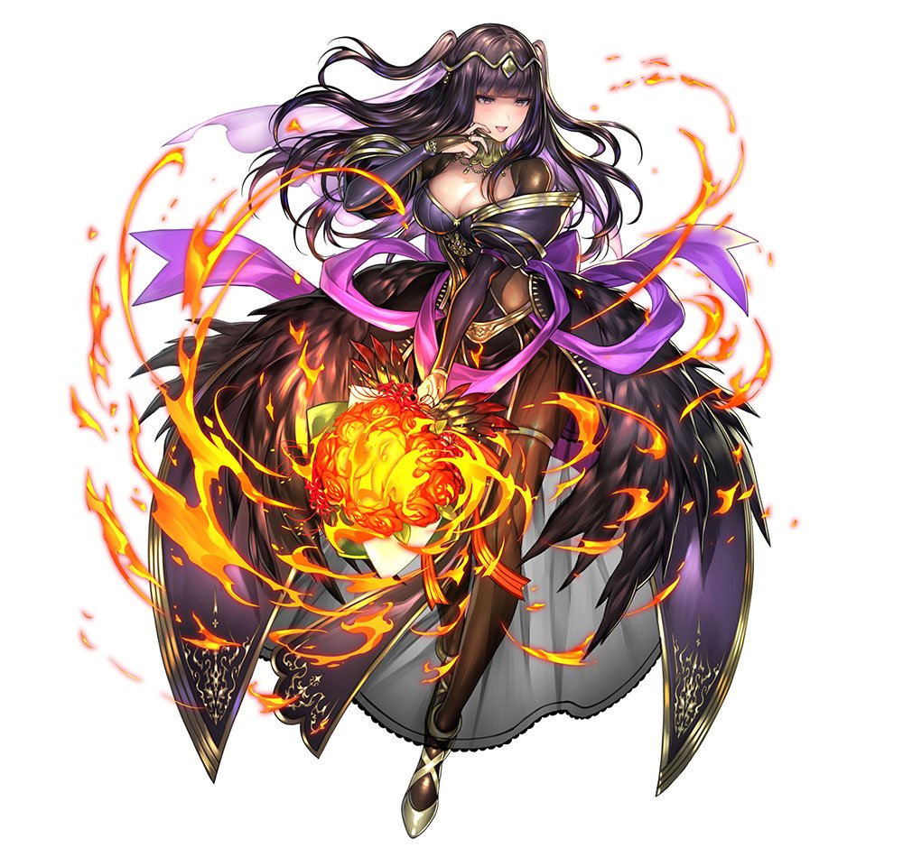 1girl alternate_costume black_hair bouquet breasts cleavage detached_sleeves dress fire_emblem fire_emblem:_kakusei fire_emblem_heroes flower long_hair official_art pantyhose senchat shawl simple_background solo tharja tiara